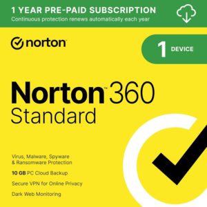 Norton 360 Standard 2025, Antivirus software for 1 Device with Auto Renewal – Includes VPN, PC Cloud Backup & Dark Web Monitoring [Download]