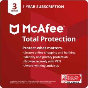 McAfee Total Protection | 3 Device | Antivirus Internet Security Software | VPN, Password Manager, Dark Web Monitoring | 1 Year Subscription | Download Code