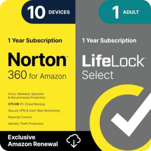 Norton 360 with LifeLock Select Bundle, 1 Year Subscription – 10 Devices – All-in-One Protection for your Devices, Online Privacy, and Identity, Activation Required [Subscription]