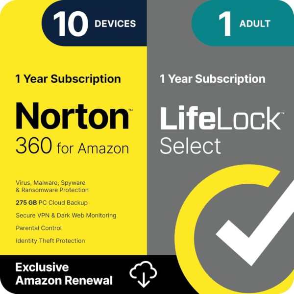 Norton 360 with LifeLock Select Bundle, 1 Year Subscription – 10 Devices – All-in-One Protection for your Devices, Online Privacy, and Identity, Activation Required [Subscription]