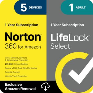 Norton 360 with LifeLock Select Bundle, 1 Year Subscription – 5 Devices – All-in-One Protection for your Devices, Online Privacy, and Identity, Activation Required [Subscription