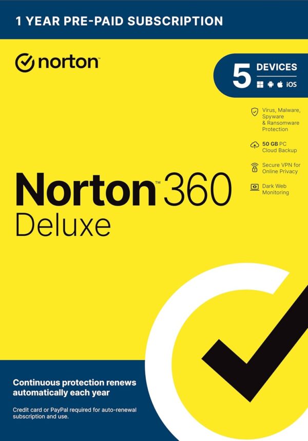 Norton 360 Deluxe 2025, Antivirus software for 5 Devices with Auto Renewal – Includes VPN, PC Cloud Backup & Dark Web Monitoring [Key Card]