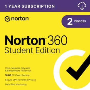 Norton 360 Student Edition, 2023 Ready, Antivirus software for 2 Devices – Includes VPN, PC Cloud Backup & Dark Web Monitoring [Download]